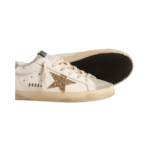 Golden Goose Super-Star-gold glitter star and ice-gray suede