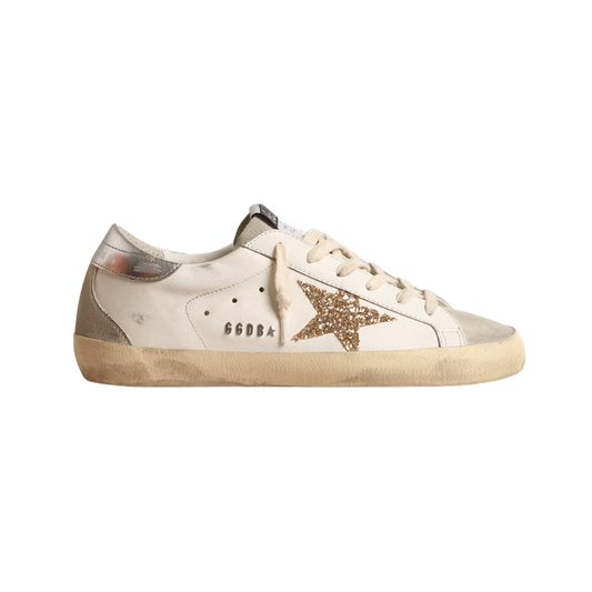 Golden Goose Super-Star-gold glitter star and ice-gray suede